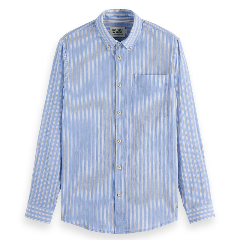 Spring Blue Stripe Regular Fit Crinkle Striped Shirt
