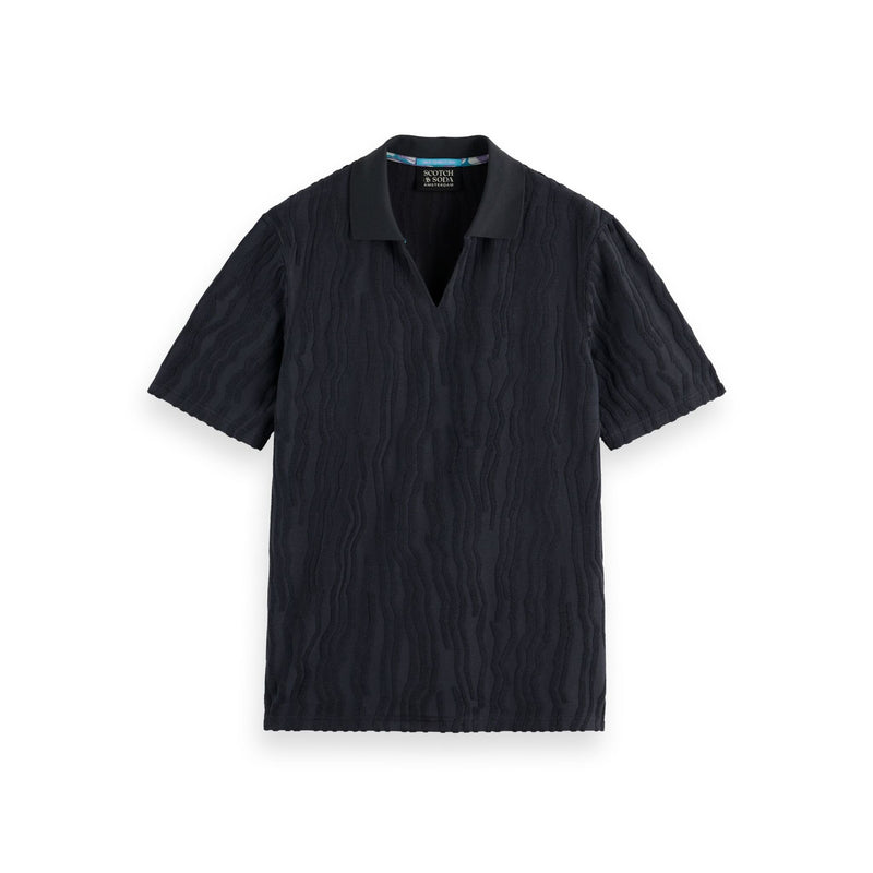 Black Jacquard Cotton Terry Relaxed-Fit Polo